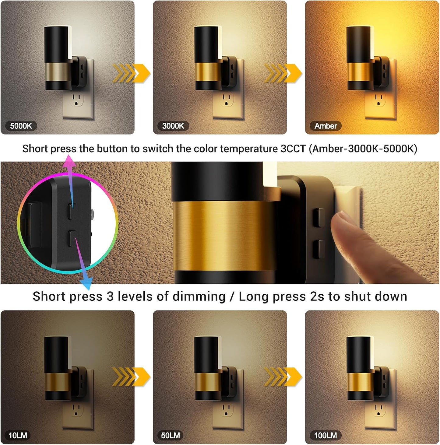 Amber Night Lights Plug into Wall, Dimmable Night Light Plug in, Modern Night Lights Auto On/Off, Amber Night Light 2000K, 0-100LM Adjustable Brightness Nightlight for Hallway Bedroom, 2 Pack