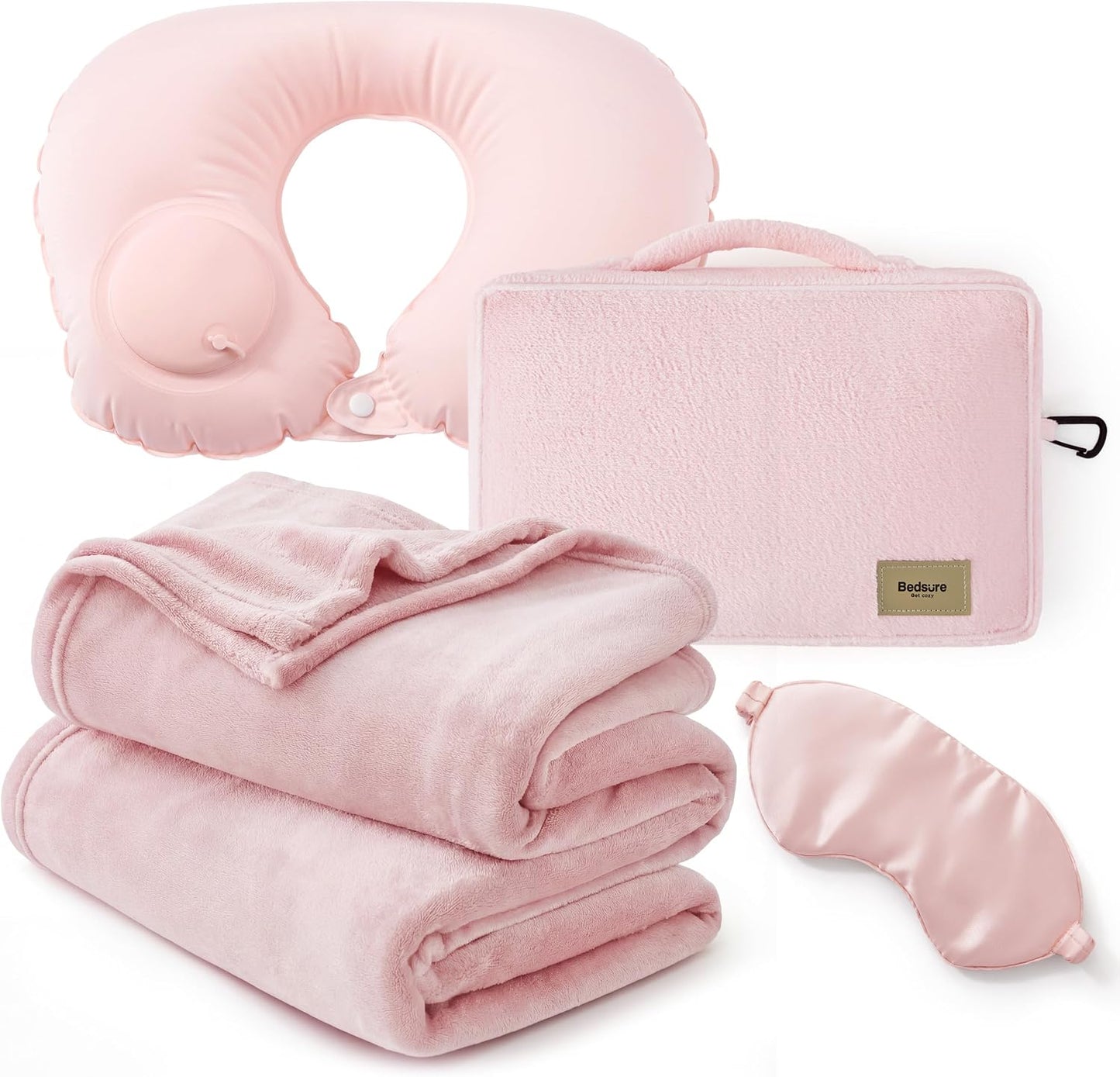 Bedsure Travel Blanket Set with Inflatable Neck Pillow and Eye Mask - Lightweight 3-in-1 Airplane Packable Blanket, Compact Travel Essentials, Grey
