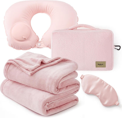 Bedsure Travel Blanket Set with Inflatable Neck Pillow and Eye Mask, Grey