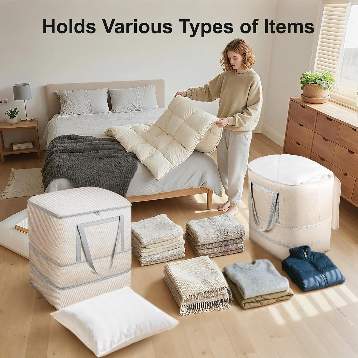 Comforter Storage Bag - 130L Large Capacity Blanket Storage Bags 4-Layer Ultra Space Saving Self Compression Organizer, Washable Compression Bags for Storage Comforter Blanket, Beige