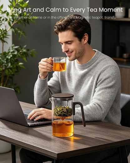 ZENS Magnetic Tea Pot, Enchanted Glass Teapot with Infuser and Magnetic Suction Lid for Mess-Free Loose Tea Diffusers, Walnut Wood Handle, Tea Lovers Gifts