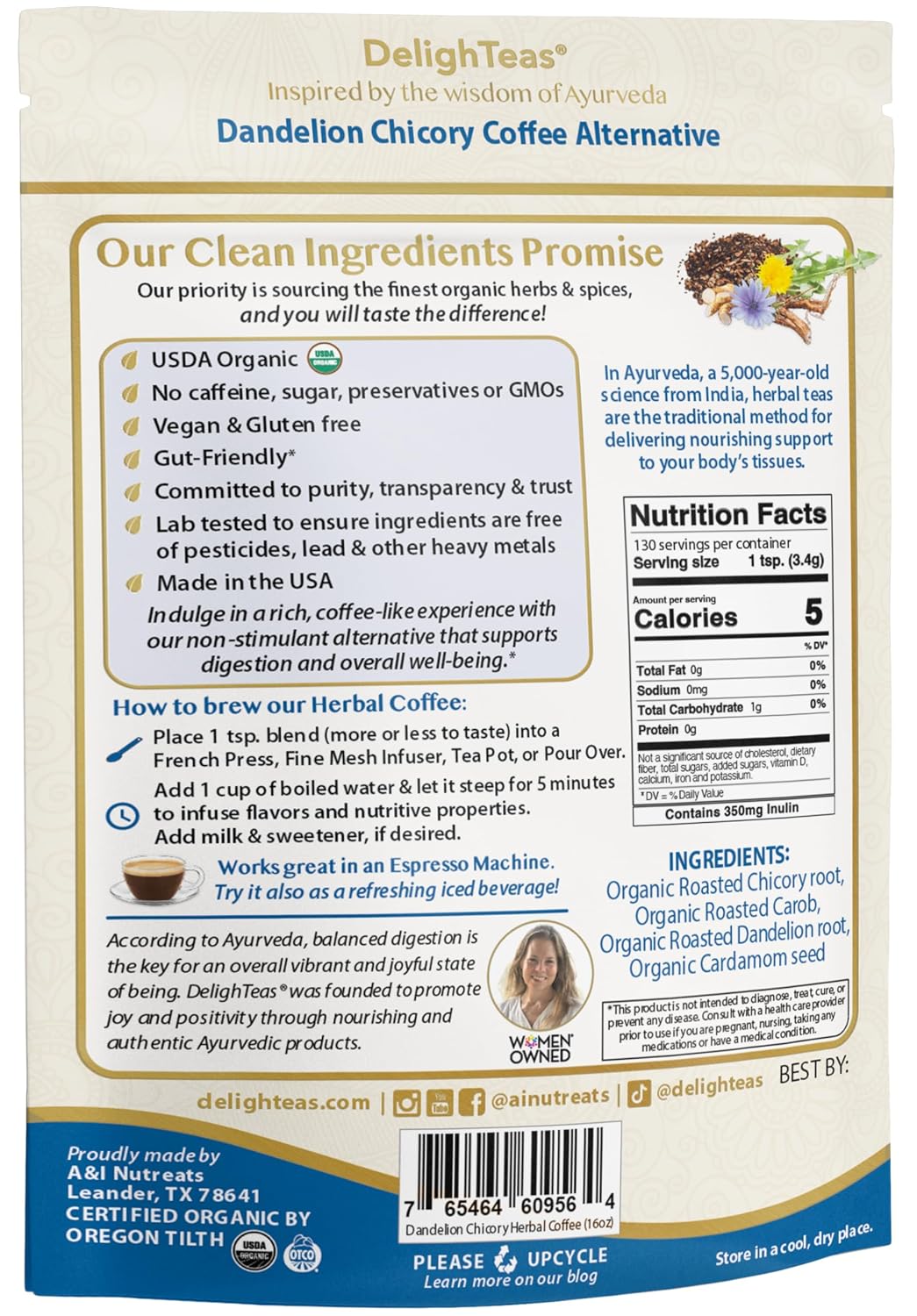 DelighTeas Organic Masala Chai Powder | Caffeine free, Unsweetened, Vegan, Keto | Ayurvedic Digestive Support blend for Chai Spice Tea | 100 Servings, 4oz