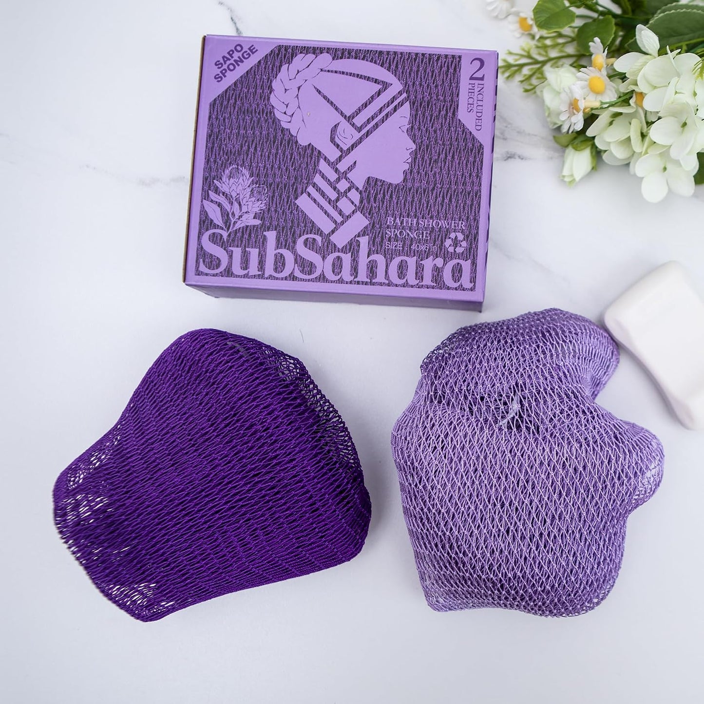 SubSahara Authentic African Net Sponge - 2 Pack Exfoliating Bath & Shower Loofah Sponge for Body & Face, Gentle Scrubber for All Skin Types, Travel, Durable Polyester (Olive Green & Light Green)
