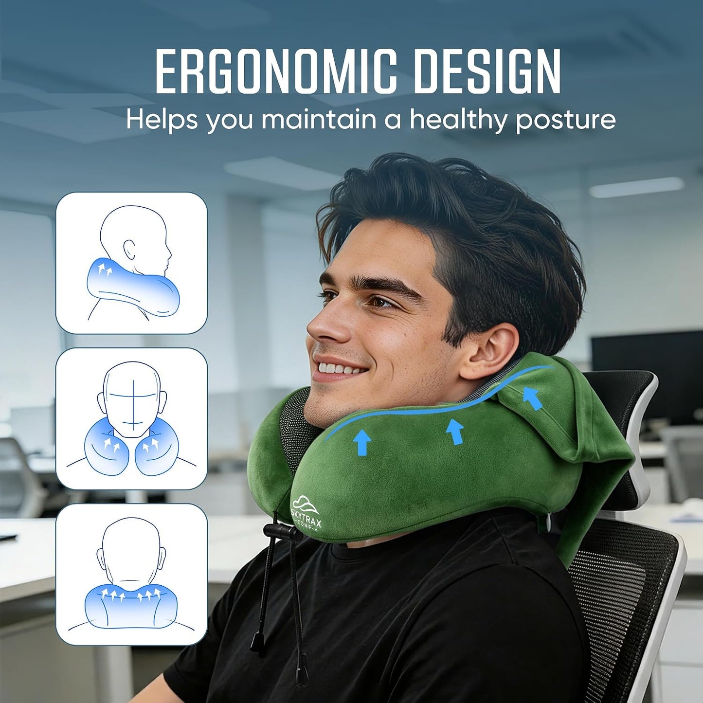 SkytraxComf® Travel Neck Pillow with Hood for Privacy on Long Flights | Memory Foam | Airplane Sleep | Safety-Tested Materials | Extra Large Hood | Chin Support | Earplugs | Washable Cover