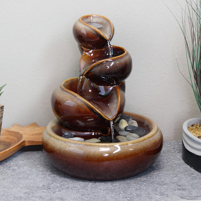 Sunnydaze 10" Tiered Vessels Ceramic Tabletop Fountain, Smooth Glaze, Brown