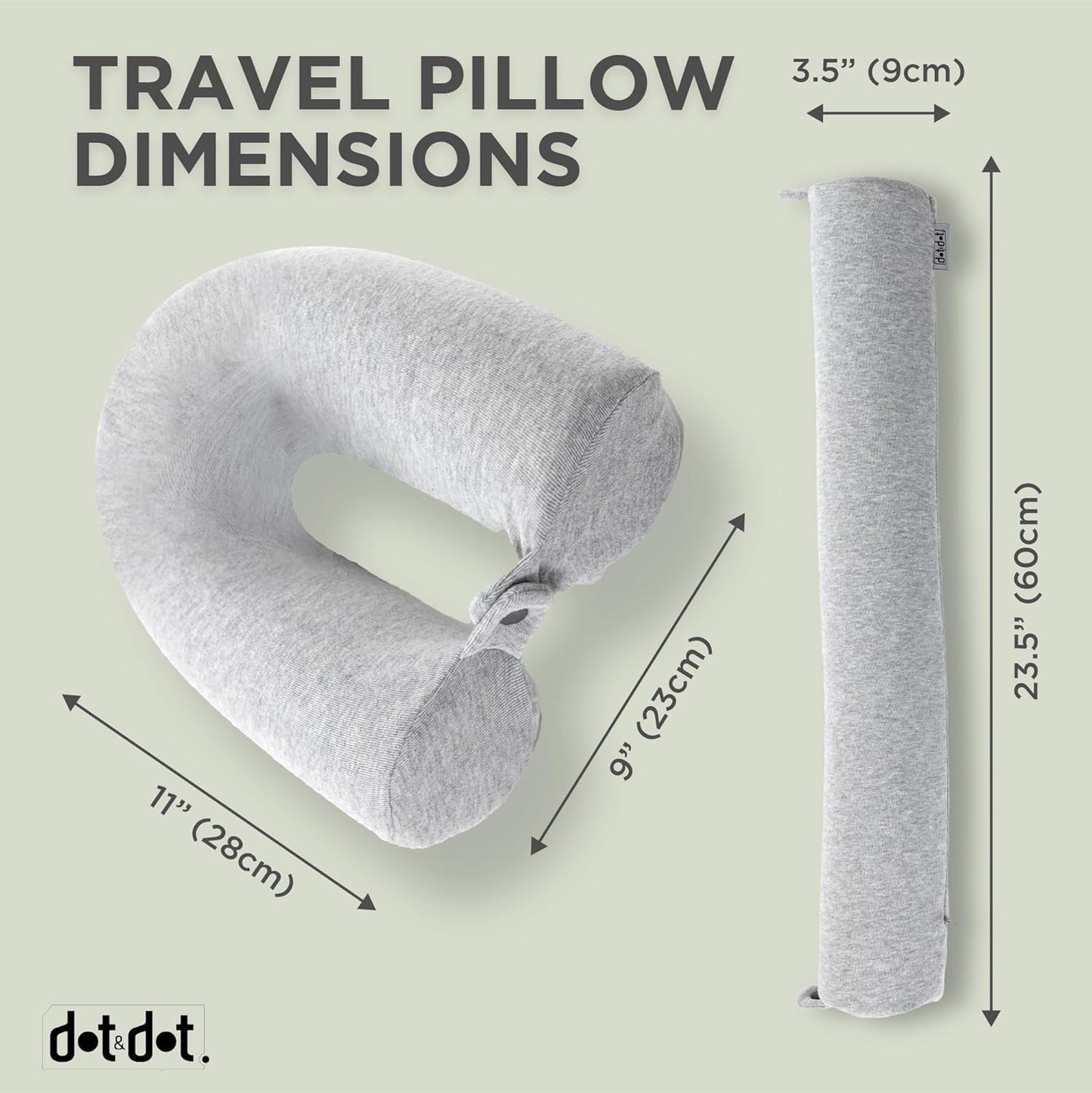 Dot&Dot Twist Memory Foam Travel Pillow, Bendable Neck Pillow for Airplane, Car and Home, 26-Inch Adjustable Roll with Washable Cotton Cover, Gray