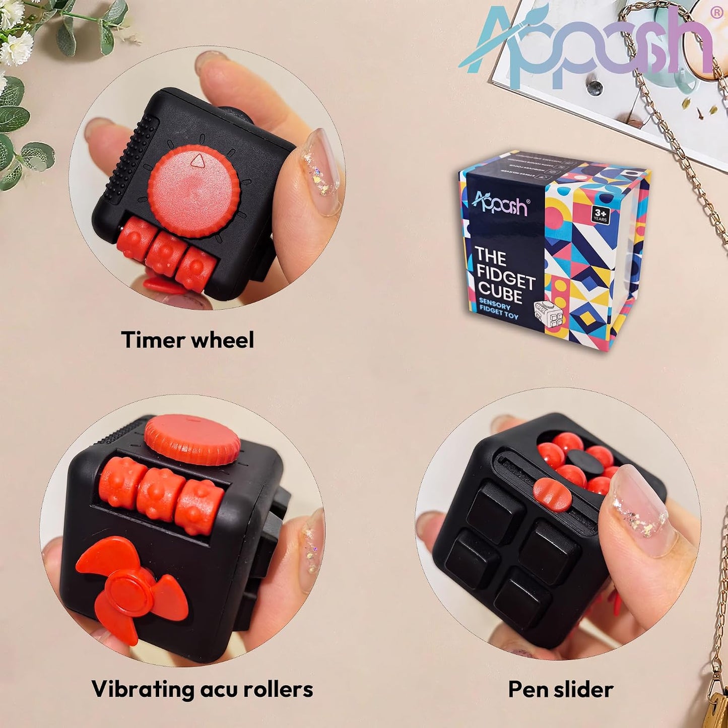 Fidget Cube - 9-in-1 Sensory Desk Toy ADHD Anxiety Relief [BlkRed] | Silent office desk toy, features ACU rollers, clickable fan, pen slider, bearing balls, ultimate focus decompression pack