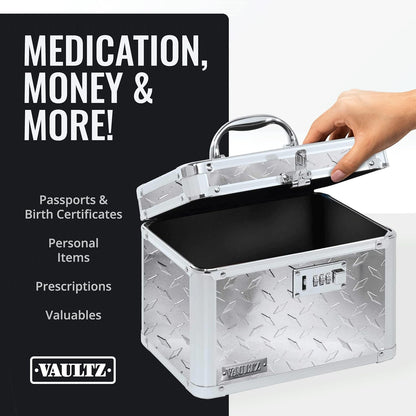 Vaultz Secure Security Lock Boxes - Safe Combination Lock Box, Storage for Documents, Valuables, Medicine & Money - 9.88 x 7.75 x 7 Inch - Black/Chrome