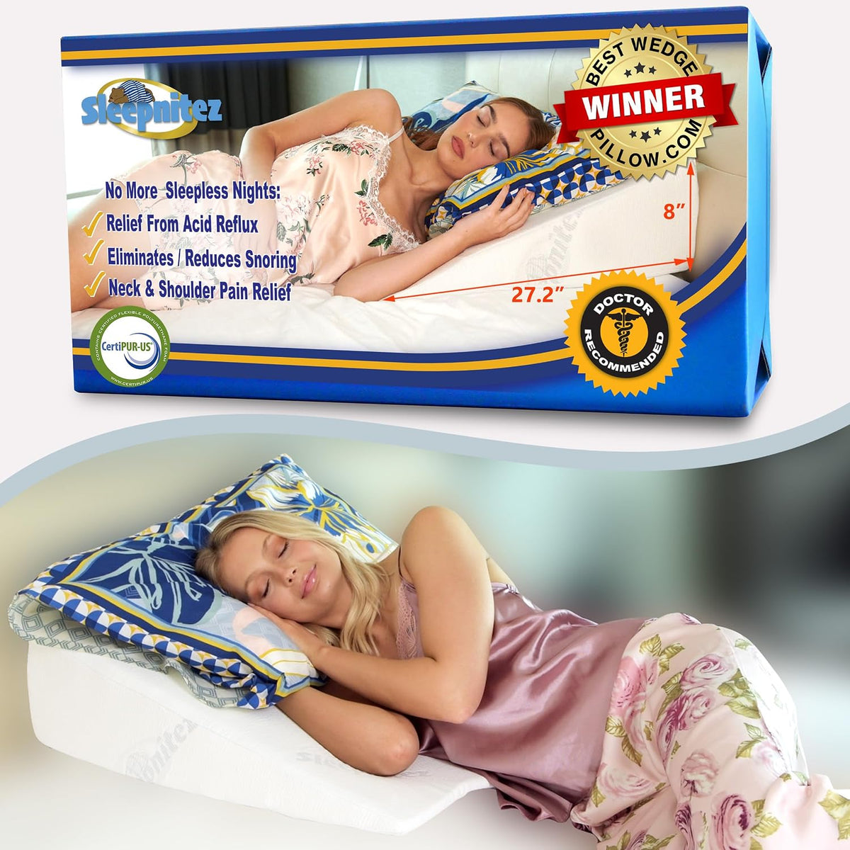 Sleepnitez FSA Eligible 8" Bed Wedge Pillow for Acid Reflux, Sleep Apnea
