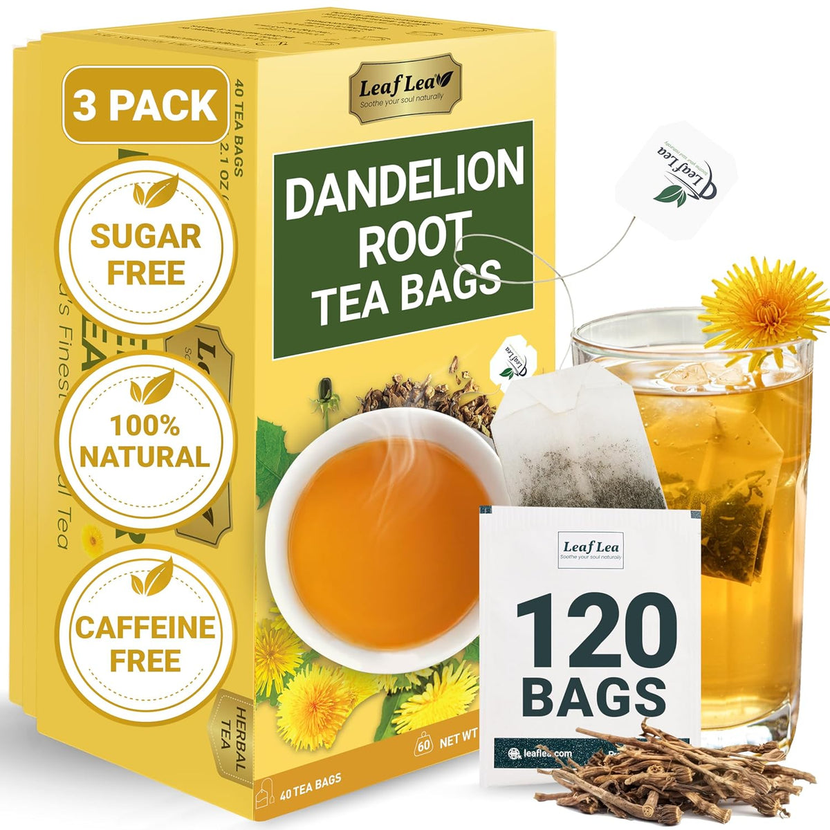 LeafLea Dandelion Root Tea Bags, Natural And Pure, 120 Count