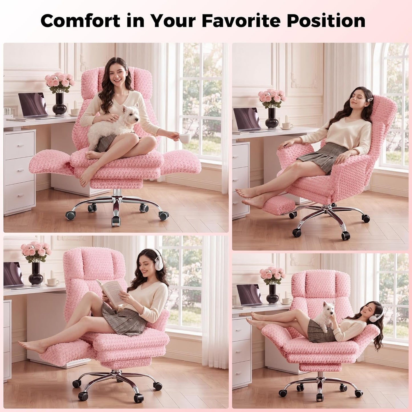 Big and Tall Office Chair, Flip Armrests for Pets & Cross Legged Sitting, Executive Ergonomic Computer Gaming Chair with Foot Rest, Teddy Fleece Wide Seat Reclining Desk Chair, White Vanity Chair