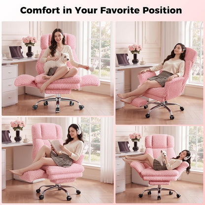 Big and Tall Office Chair, Flip Armrests for Pets & Cross Legged Sitting, Executive Ergonomic Computer Gaming Chair with Foot Rest, Teddy Fleece Wide Seat Reclining Desk Chair, White Vanity Chair