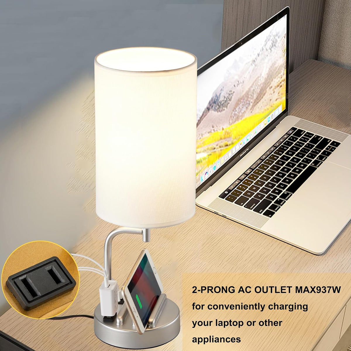 Dreamholder Touch Control USB Table Lamp, Upgraded 3-Way Dimmable Bedside Desk Lamp with USB C & A Charging Ports and AC Outlet, Nightstand Lamp for Bedroom, Dimmable 9W LED Bulb Included