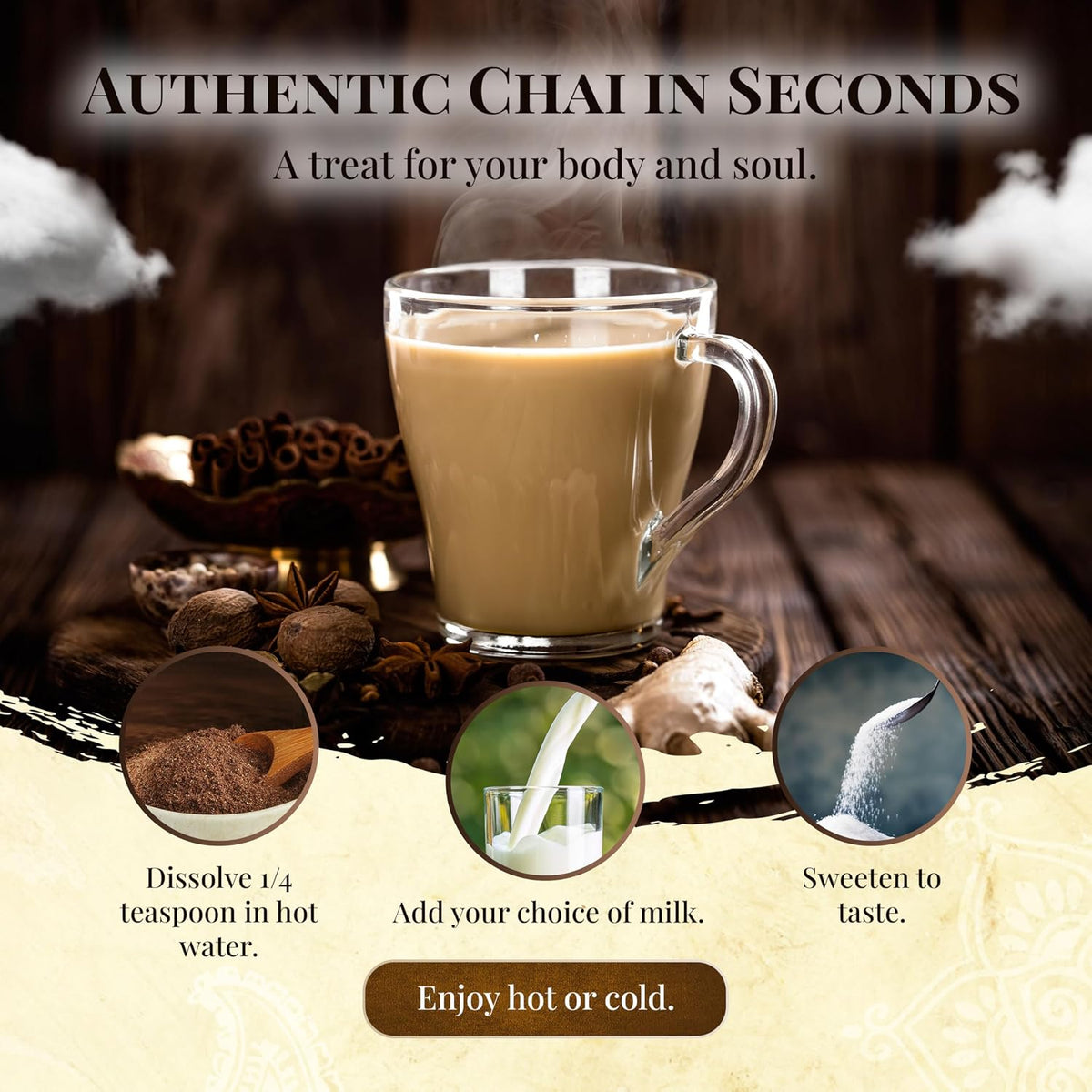 Blue Lotus Chai - Golden Masala Flavor Chai - Makes 100 Cups - 3 Ounce Masala Spiced Chai Powder with Organic Spices - Instant Indian Tea No Steeping - No Gluten