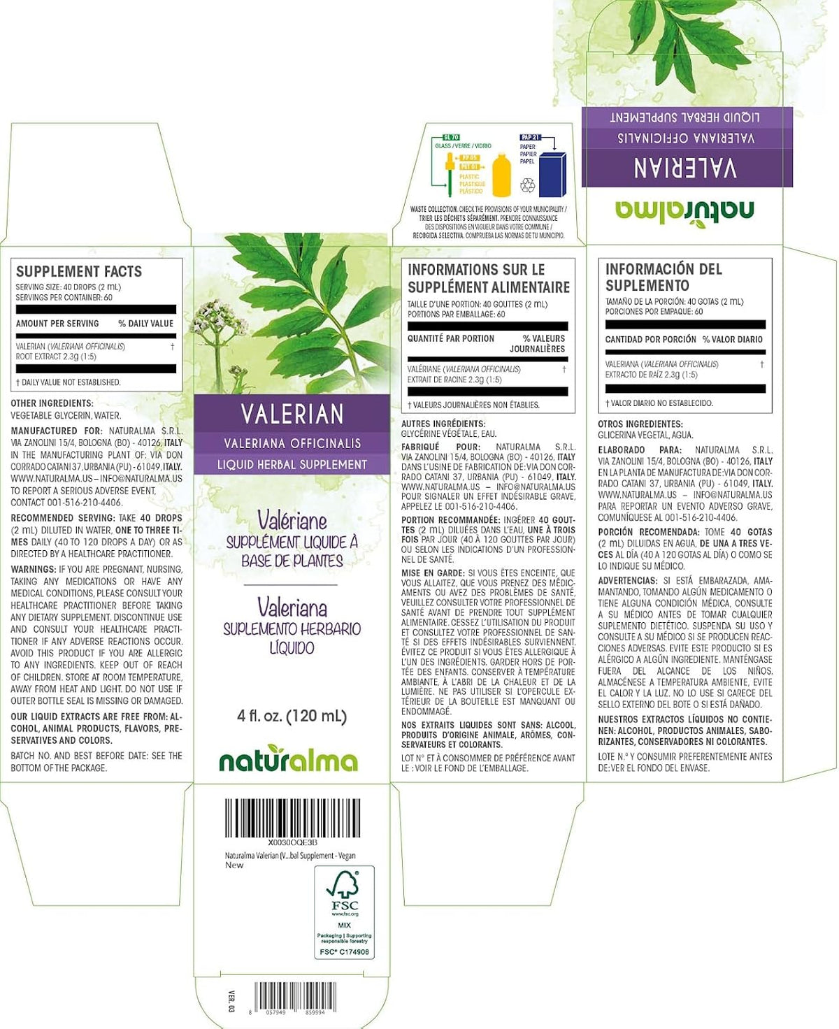 Naturalma Valerian (Valariana officinalis) Root Alcohol-Free Tincture - 4 fl oz Liquid Extract in Drops - Herbal Supplement - Vegan