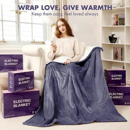 Heated Blanket Throw 50" x 60" - Soft Flannel Sherpa Electric Blanket Throw with 5 Heating Levels & 4 Hours Auto Off, Machine Washable, Ideal Gift for Grandma (Purple)