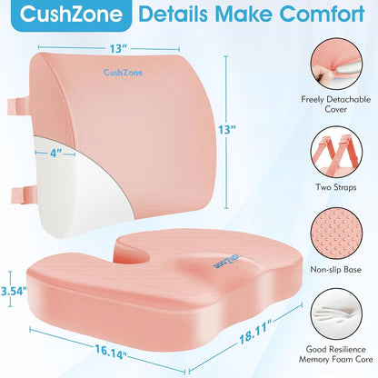 CushZone Ergonomic Seat Cushion & Lumbar Support Pillow - Memory Foam for Sciatica Pain Relief & Posture Correction, Non-Slip Chair Cushions for Office Chair/Car/Wheelchair/Travel (Black)
