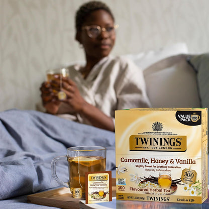 Twinings Camomile, Honey & Vanilla Herbal Tea Individually Wrapped Bags, 100 Count (Pack of 1), Naturally Caffeine-Free, Enjoy Hot or Iced, 100 Teabags