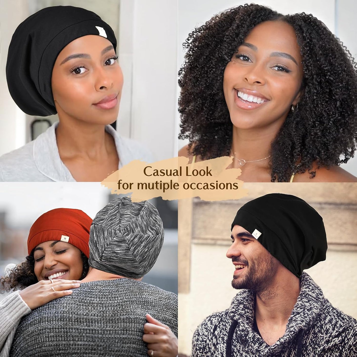YANIBEST Hair Cover Bonnet Satin Sleep Cap - Adjustable Stay on Silk Lined Slouchy Beanie for Night Sleeping Surgical Hats Pure Black