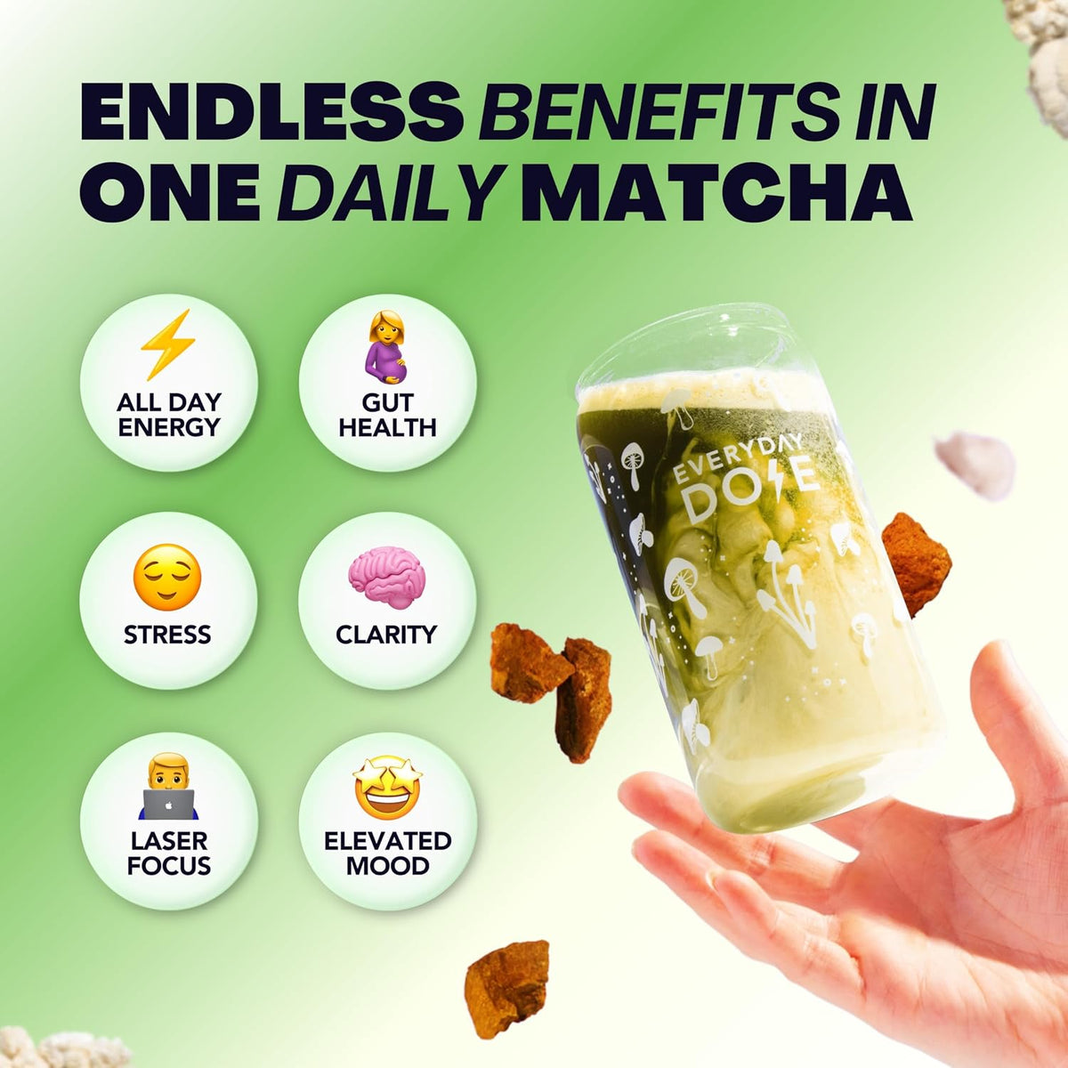 Everyday Dose Mushroom Matcha+ Ceremonial Grade Matcha Powder - Japanese Tea With Grass-Fed Collagen, Lion's Mane, Chaga, L-Theanine - For Better Focus, Energy, Digestion and Immunity - 30 Servings