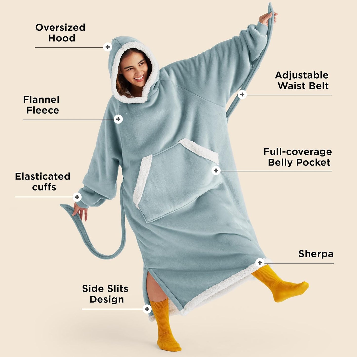 Bedsure Wearable Blanket Hoodie, Long Hooded Blanket Sweatshirt as Mothers Birthday Gifts for Women, Cozy Sherpa Hoodie for Adult, Standard, Grey