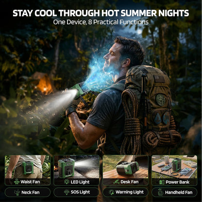 Waist Fan - Portable Cooling Clip Belt Fan with 10000mAh Battery, 24H Working Time, 3 Speeds, 16000RPM Airflow, LED SOS Warning Light for Jobsite, Farming, Fishing, Hot Summer