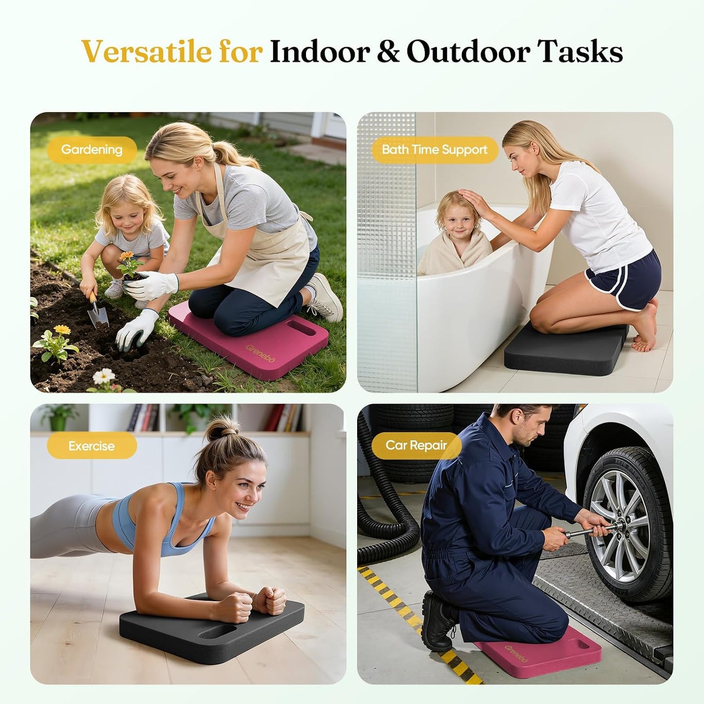 Grenebo 2-Pack 1.6" Extra Thick NBR Foam Garden Kneeling Pads, Ultra Soft Cushion Kneeling Pads for Gardening, Gardening Kneeling Pad for Baby Bathing, Work, Exercise, 17.3×11×1.6 in, Black