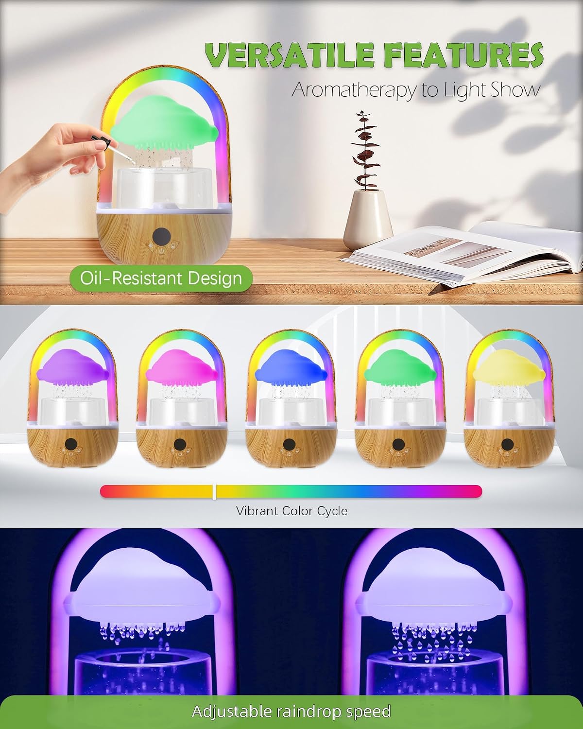 Aromatherapy Essential Oil Diffuser Rainbow Rain Cloud Humidifier Water Drip Mushroom Diffuser with Running Lights & Rain Sounds for Sleeping - Tabletop Water Fountain & Night Light