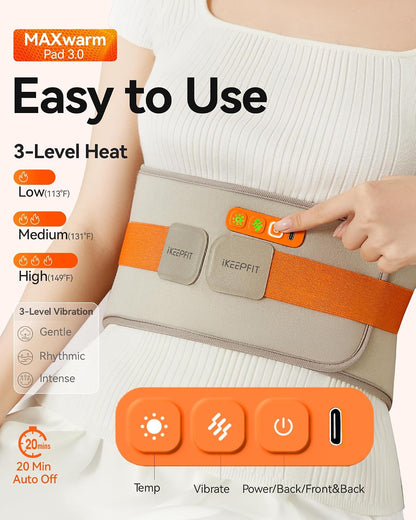 IKEEPFIT Portable Heating Pad for Back, FSA Eligible HSA, Cordless Heat Belt with Massager for Lower Back Pain Relief, Battery Powered 8000 mAh Rechargeable, MAXwarm 3.0, Gift for Women Men 90-310 lb