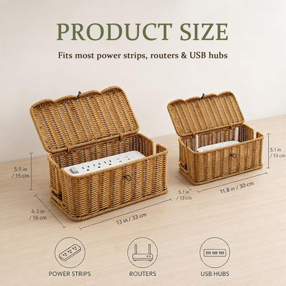 2 Pack Rattan Cable Management Box for Power Strip with 2 Exits