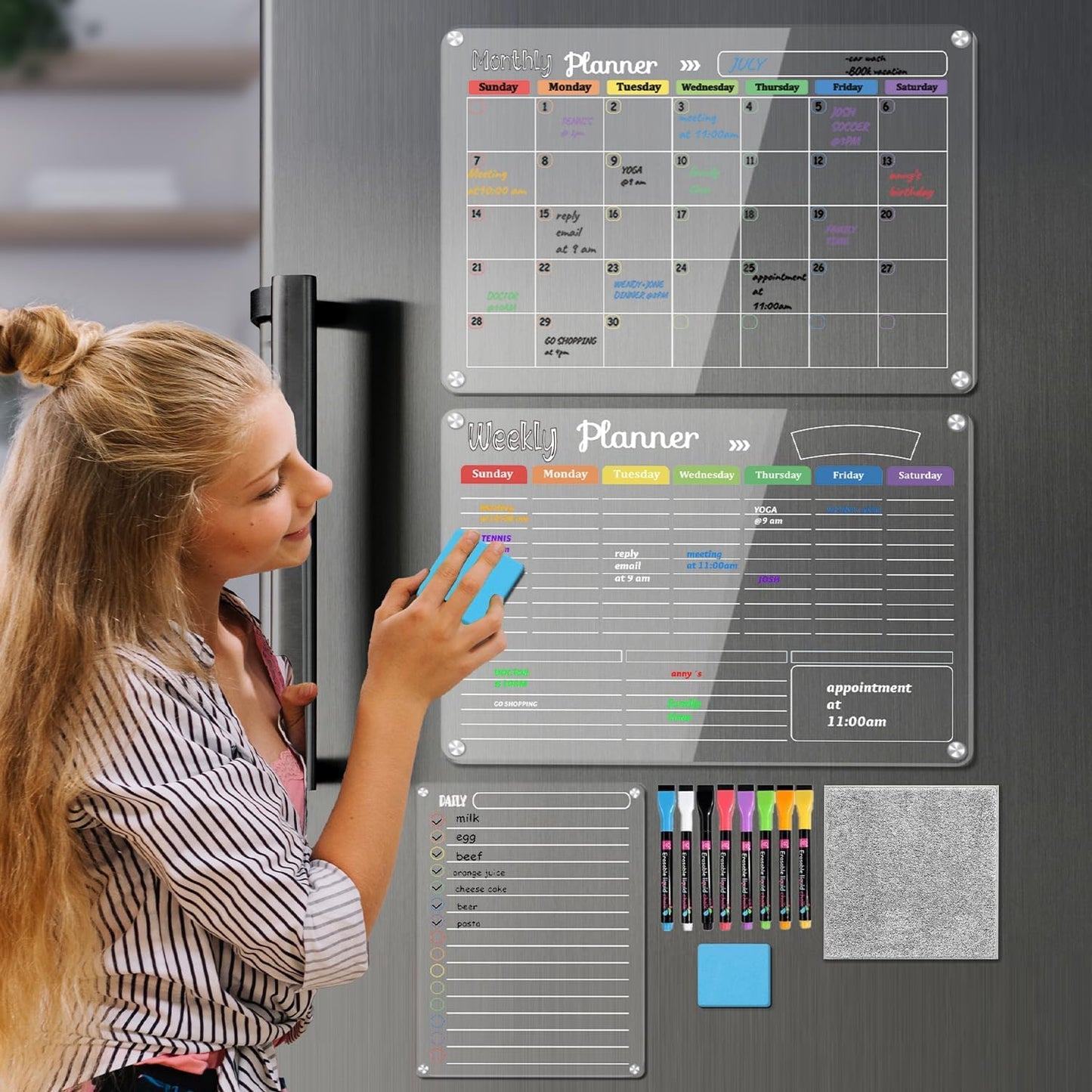 Hivillexun Magnetic Black Dry Erase Calendar White Board Set (3-Pack) - Monthly, Weekly Planners & Daily Notepad for Fridge, Home & Office, Includes 8 Markers