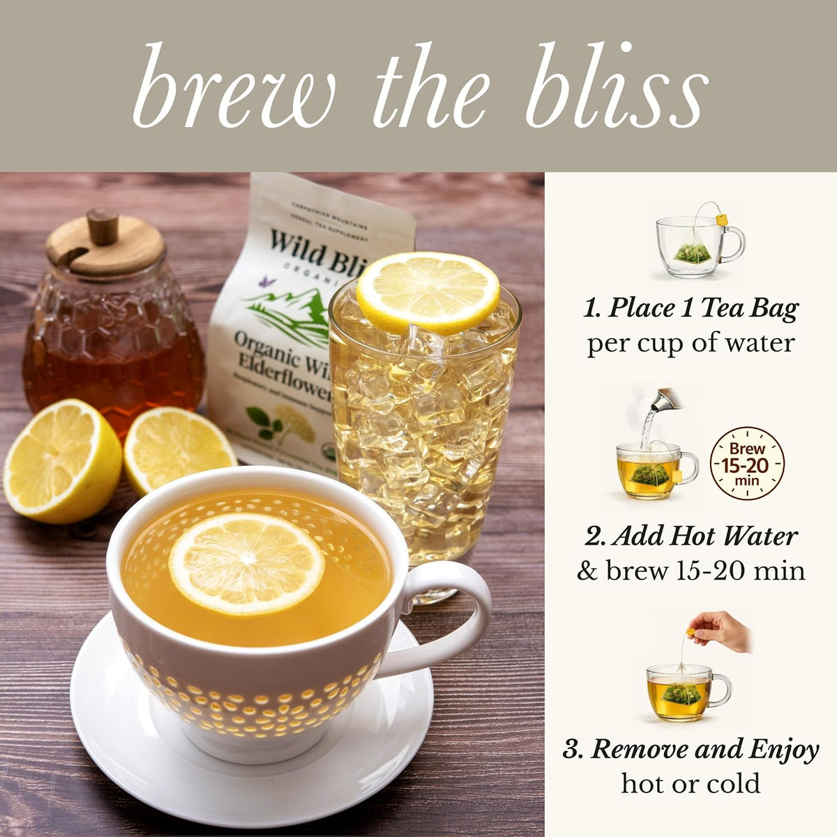 Wild Bliss Organic Elderflower Herbal Tea - Caffeine Free Elder Flowers Tisane - Pharmacopoeia Potency - 20 Plant Based Tea Bags