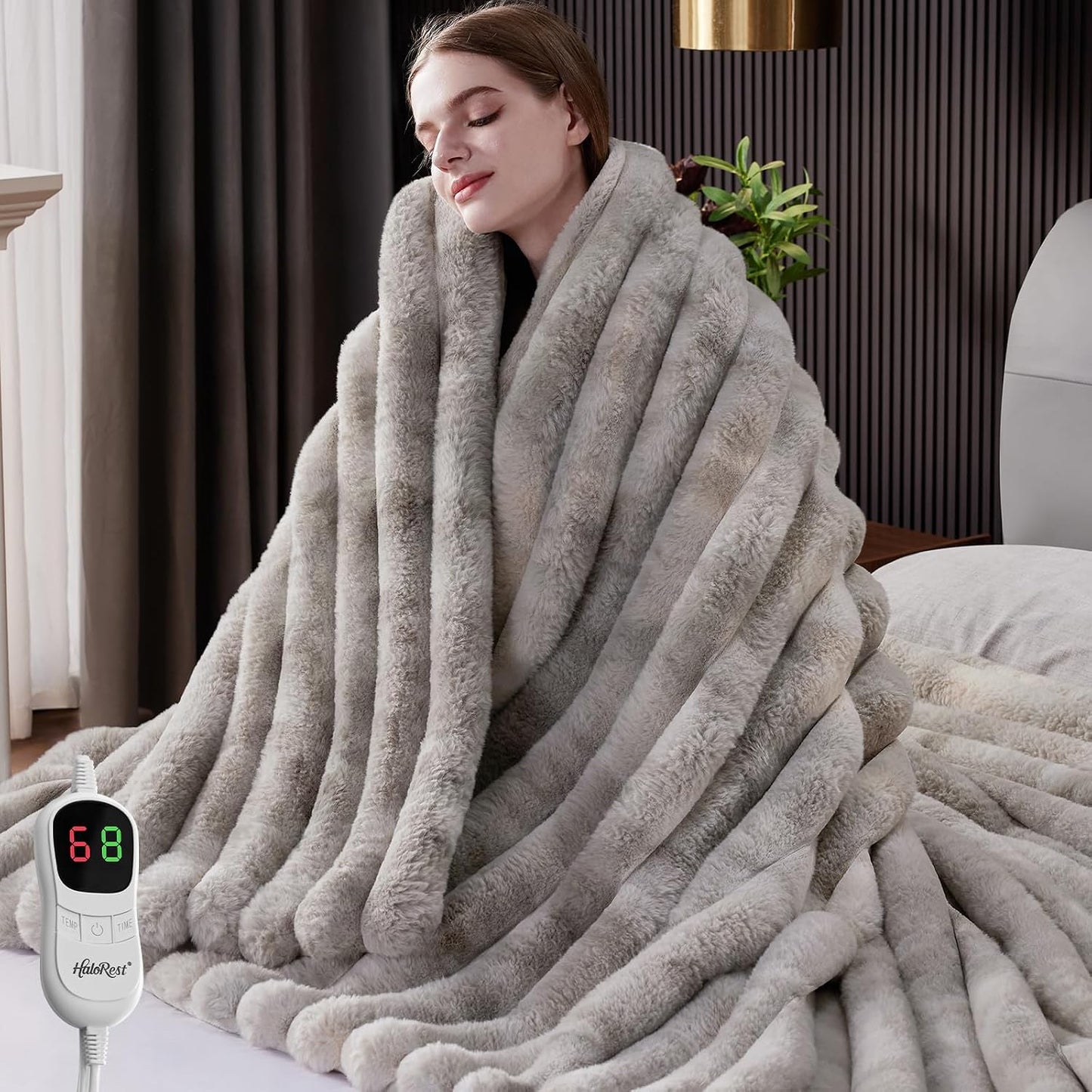 Heated Throw Blanket, Faux Fur Cozy Heating Blanket with Overheat Protection, 1/2/4/6/8 Hours Auto-Off 10 Heat Level, Machine Washable (50x60 Inches, Cream White)