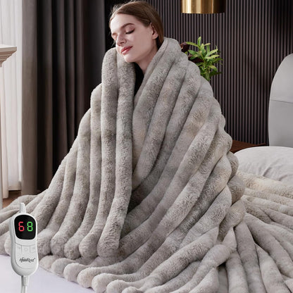 Heated Throw Blanket, Faux Fur Cozy Heating Blanket with Overheat Protection, 1/2/4/6/8 Hours Auto-Off 10 Heat Level, Machine Washable (50x60 Inches, Cream White)