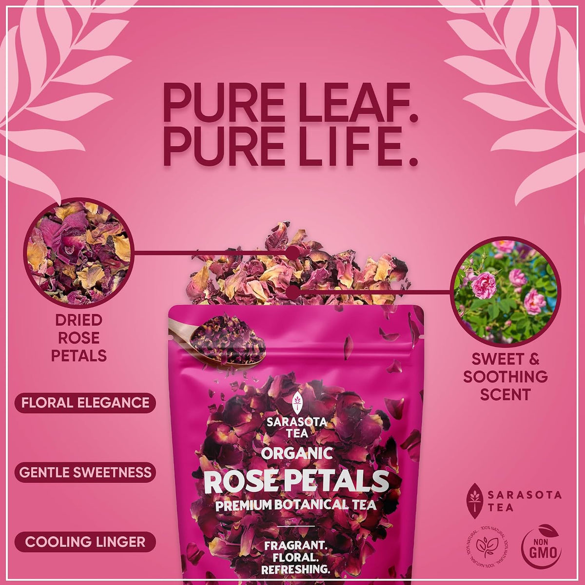 Organic Rose Petals 4.4oz | USDA Organic Dried Rose Petals for Tea, Culinary & Baking | Edible Rose Flowers | Caffeine Free Herbal Tea | Non-GMO | Floral & Aromatic
