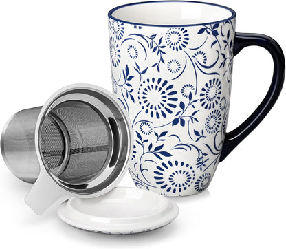 vancasso SELENE Porcelain Tea Mug, 18 oz Porcelain Tea Cup with Infuser and Lid Steeps Loose Leaf Tea, Microwave & Dishwasher Safe, Blossom Cluster