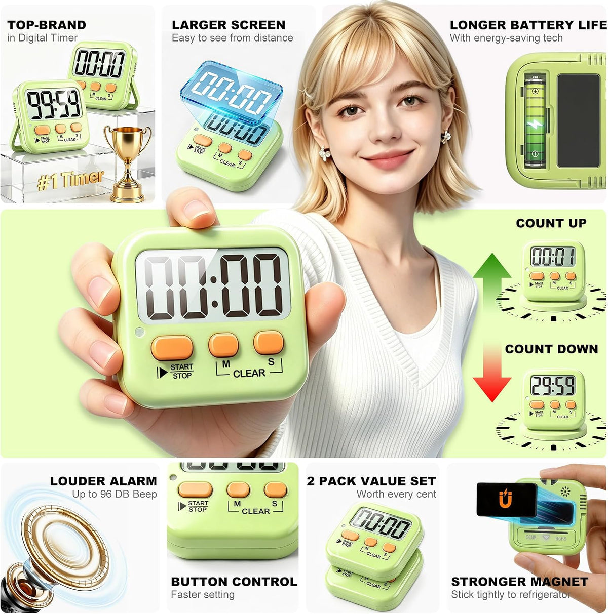 Antonki 2 Pack Digital Timer for Kids Classroom Kitchen Timers for Cooking