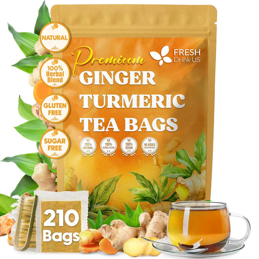 FreshDrinkUS, Premium 210 Ginger Turmeric Tea Bags, 100% Natural Ingredients, Hand-Made Blend Herbal Tea, Eco-Conscious Tea Bags. No Sugar, No Caffeine, No Gluten, Vegan.