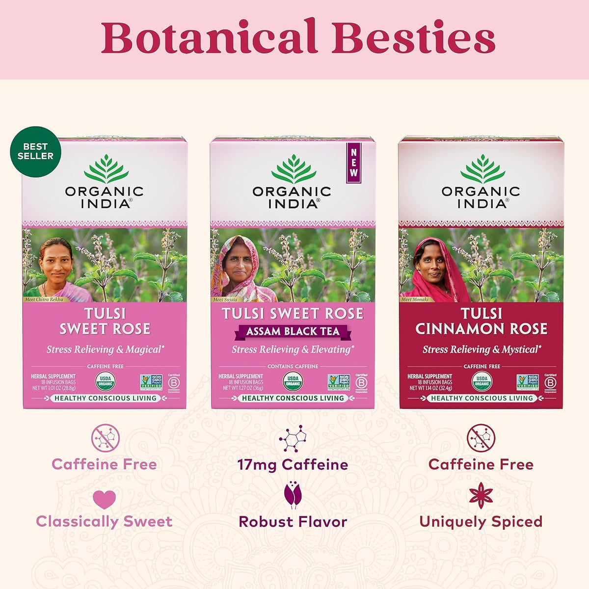 ORGANIC INDIA Tulsi Cinnamon Rose Tea Bags, 18 Infusion Bags, 3 Pack