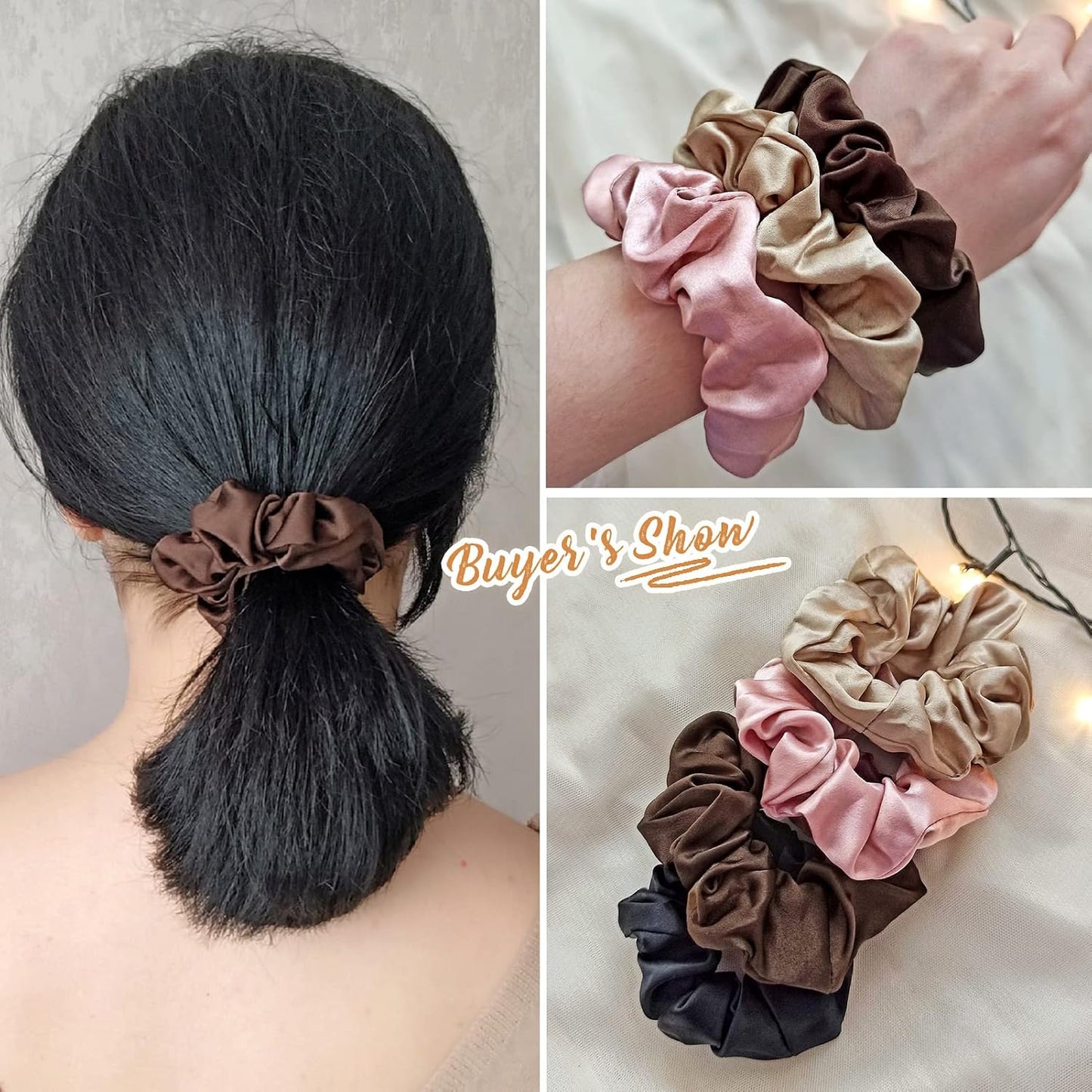 LILYSILK Silk Hair Scrunchies / Ties for Frizz & Breakage Prevention, 100% Mulberry, No Damage, Elastic ponytail Holders, 1Pc, Coffee - Colors A