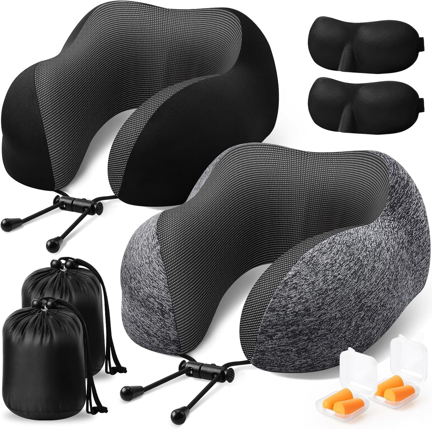 ExploreBliss Travel Pillow, Travel Pillows for Sleeping Airplane, Neck Pillow Airplane, Memory Foam Neck Pillow Set with Eye Mask, Earplugs and Storage Bag -Grey