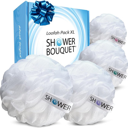 SHOWER BOUQUET Loofah-Charcoal Bath-Sponge XL-Color-4-Pack // Extra Large 75g Soft Mesh Black Luffa Loofa Loufa Puff Set/Exfoliating Body Scrubber for Women and Men - Exfoliate & Soothe Face & Body