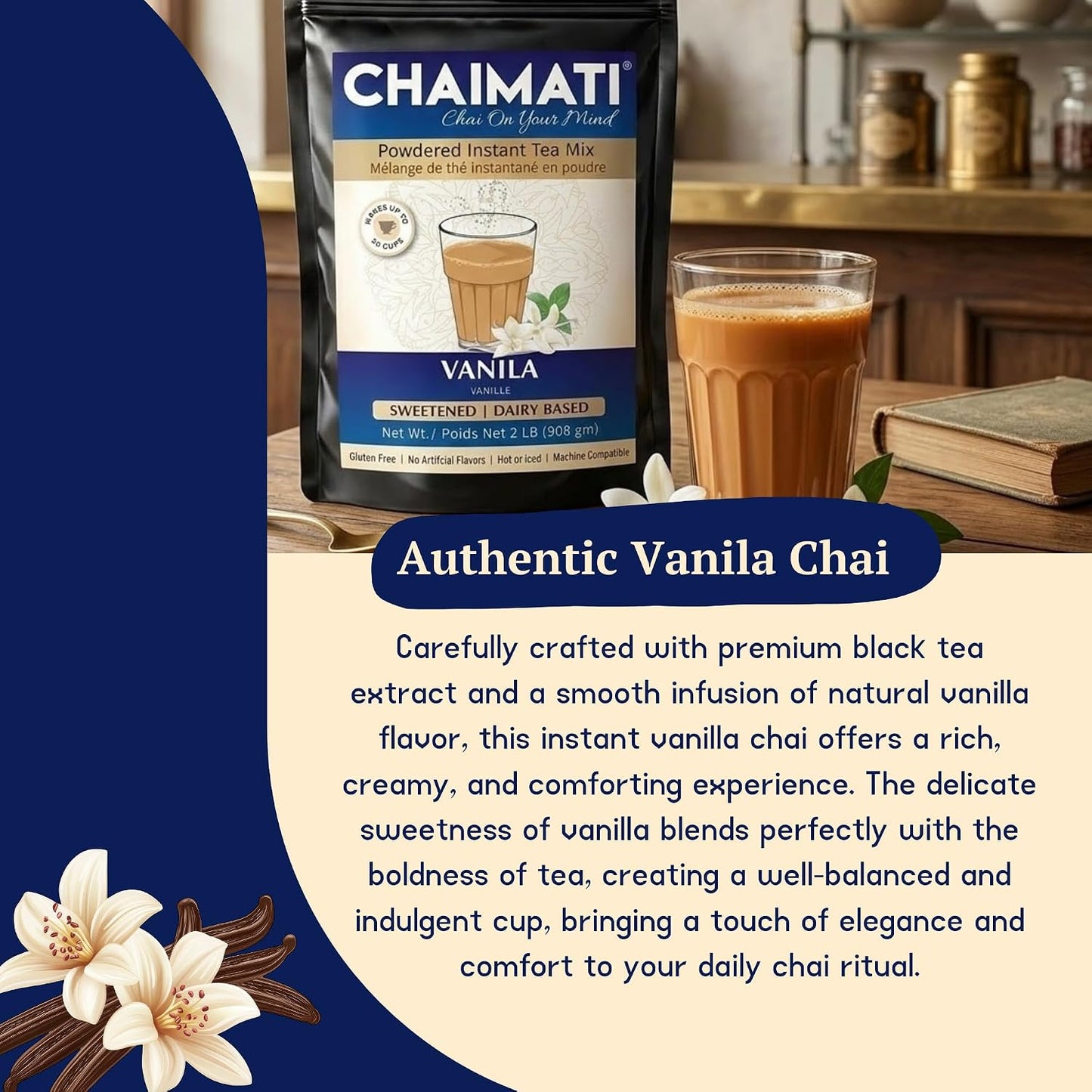 ChaiMati Cardamom Chai Latte Powder 2 lb | Instant Chai Tea Mix for Hot or Iced Drinks | Elaichi Chai Premix Makes 100 Cups, Low Caffeine Milk Tea for Home, Gifting & Parties