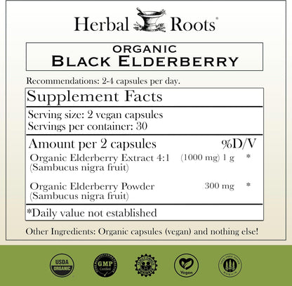 Herbal Roots Organic Black Elderberry Capsules - Max Strength - USDA Certified Organic - Immune Support - 60 Vegan Capsules