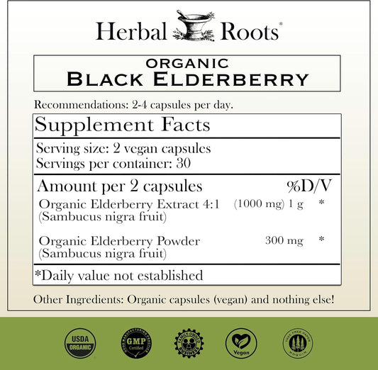 Herbal Roots Organic Black Elderberry Capsules - Max Strength - USDA Certified Organic - Immune Support - 60 Vegan Capsules
