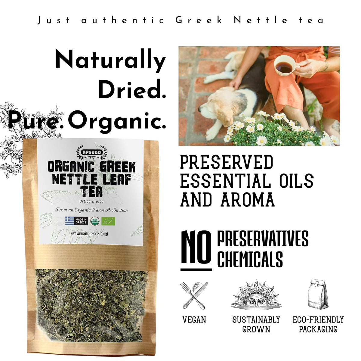Apsogo Organic Greek Nettle Leaf Tea - Loose Leaf, Caffeine-Free, 1.76oz