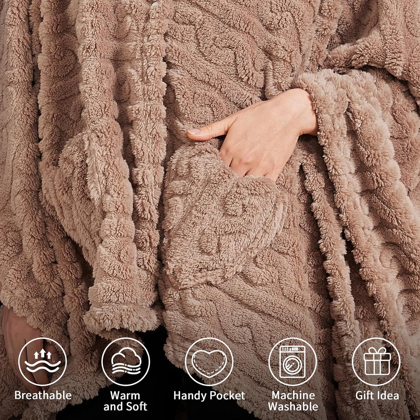 Wearable Blanket Poncho Cape Wrap for Adult, Cozy Sherpa Fleece Pocketed Shawl TV Throw Blankets for Office and Lounge(Purple,58'' x 64'')