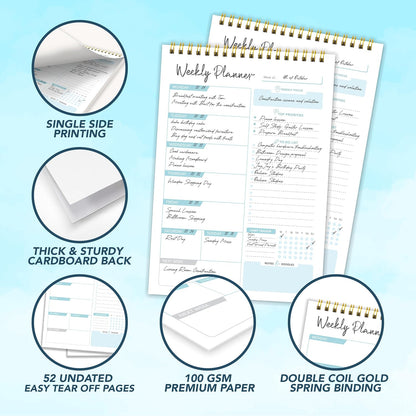Decorably 52 Sheets Blue Undated Weekly Planner Notepad - 6.5x10in Spring-Bound, Easy Tear-Off Design, with Focus, Priorities, to-do List, Habit Tracker & Notes - Home, School, Office