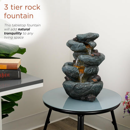 Alpine Corporation 13" Tall Indoor Tabletop Water Fountain, 4 Tier Cascading Water Feature with LED Lights for Home, Office, Living Room, or Zen Decor, Gray