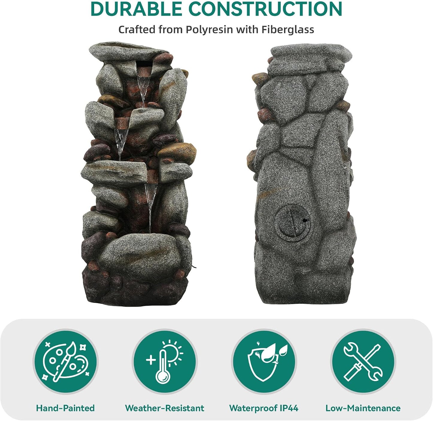 19.5" H 4-Tier Indoor & Outdoor Water Fountain with LED Lights | Resin Pebble Textured Tabletop Cascading Water Feature, Relaxing Decor for Patio, Porch, Deck, Yard & Home